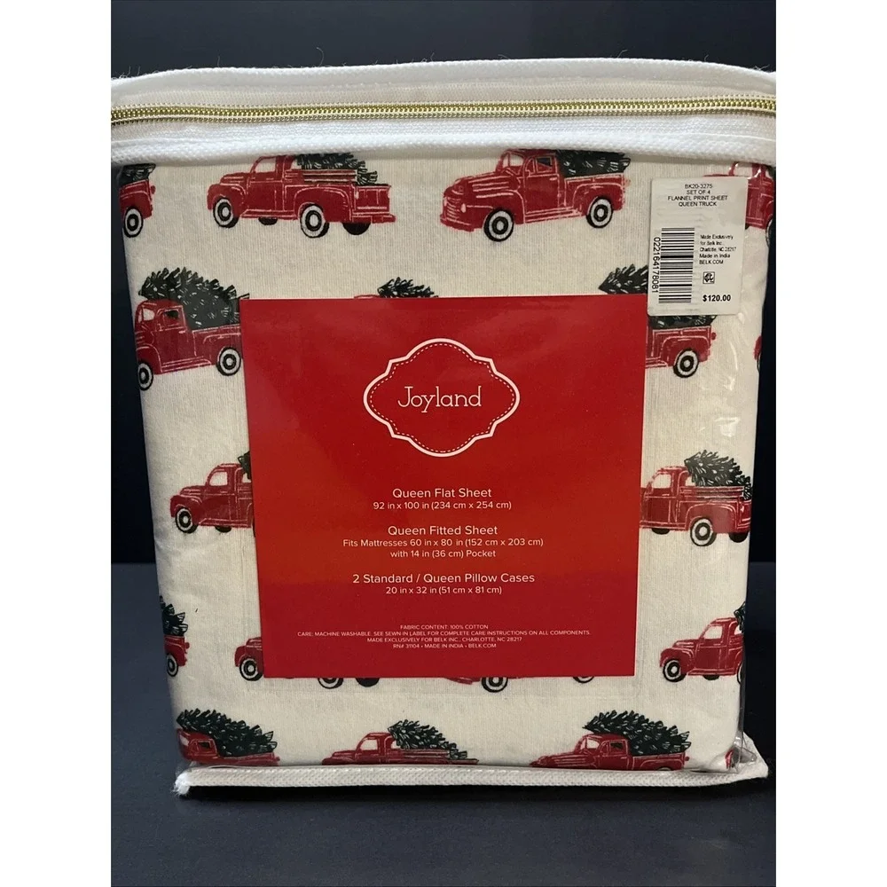 Joyland Flannel Queen Sheet Set Red Truck W/Christmas Tree New Two Pillowcases